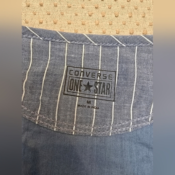 Converse One Star Women’s Wrap Dress Med Chambray Striped Cap Sleeve Raw Ruffle - Picture 2 of 9